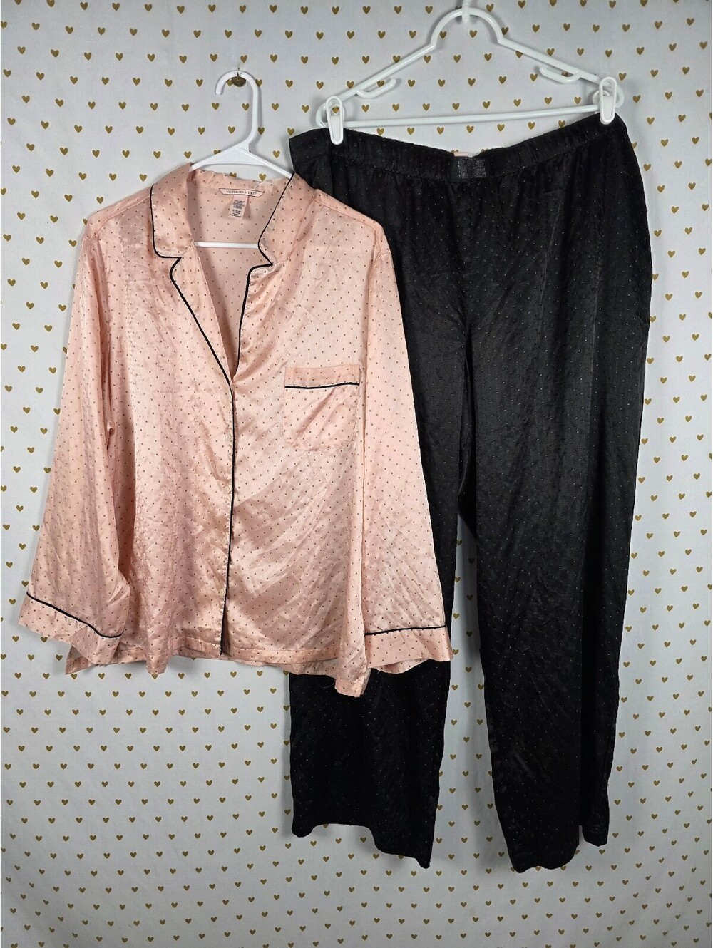 Victorias Secret Sleep SET 2pc Outfit Pajama Polka Dot Satin Shirt Pants XL XXL